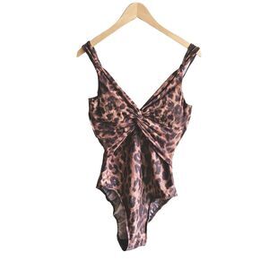 Miraclesuit Women’s 1pc Swimsuit Brown Leopard Print V-Neck Twist Front Size 14